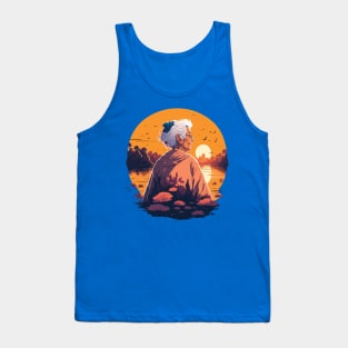 Old Woman in a River with a Sunset Tank Top